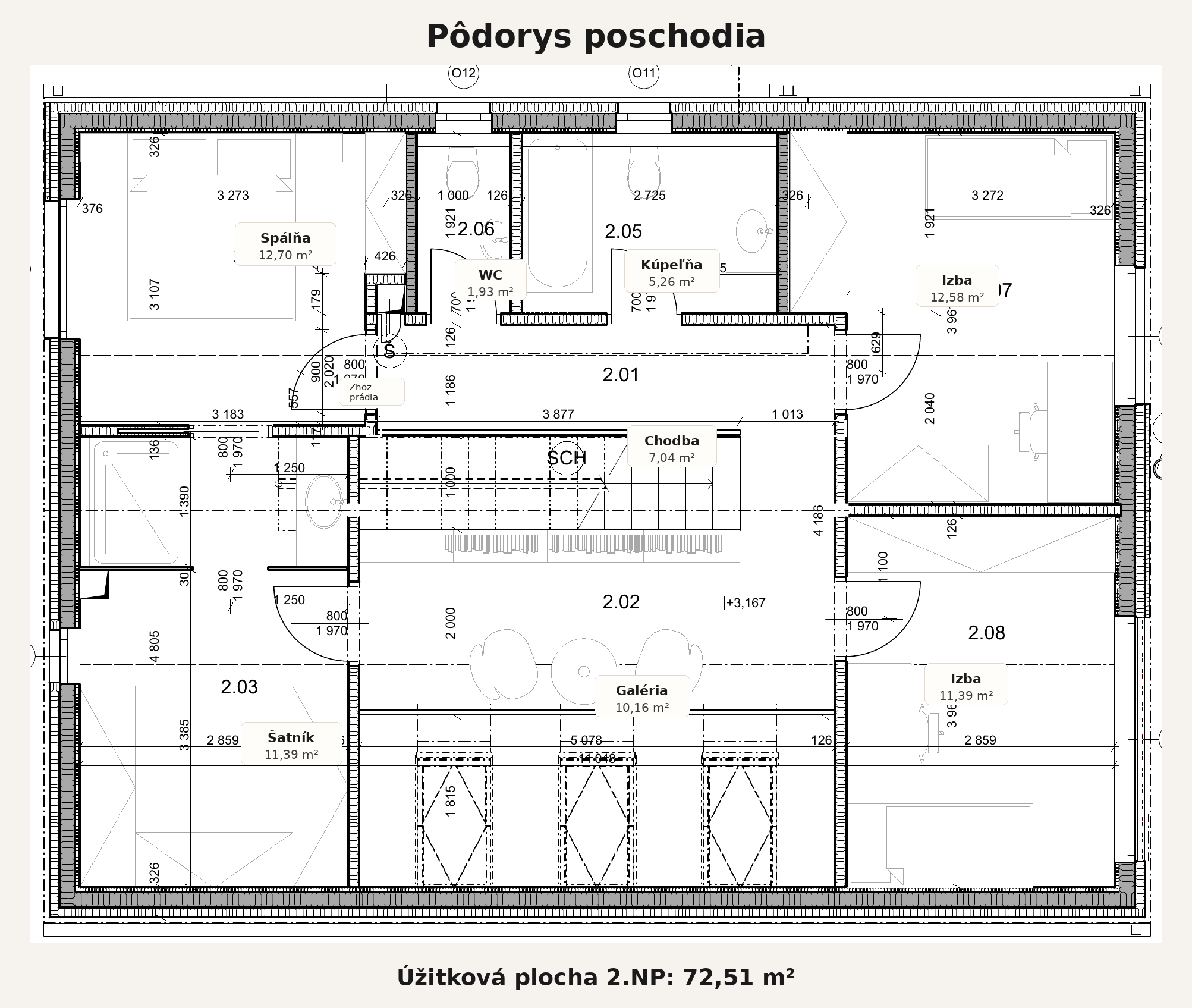 Pôdorys poschodia – úžitková plocha 2.NP 72,51 m²